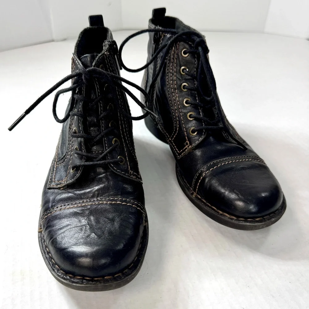 Clarks Leather Ankle Boots Lace Up Side Zip Wedge W6 Black